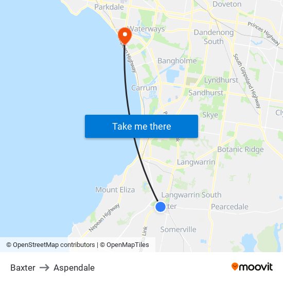 Baxter to Aspendale map