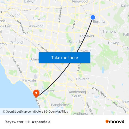 Bayswater to Aspendale map