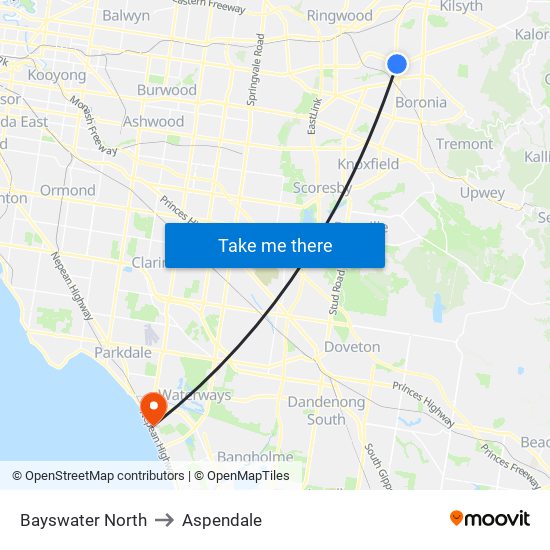 Bayswater North to Aspendale map