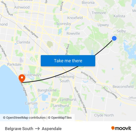 Belgrave South to Aspendale map