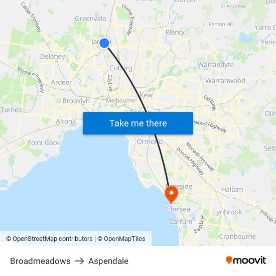 Broadmeadows to Aspendale map