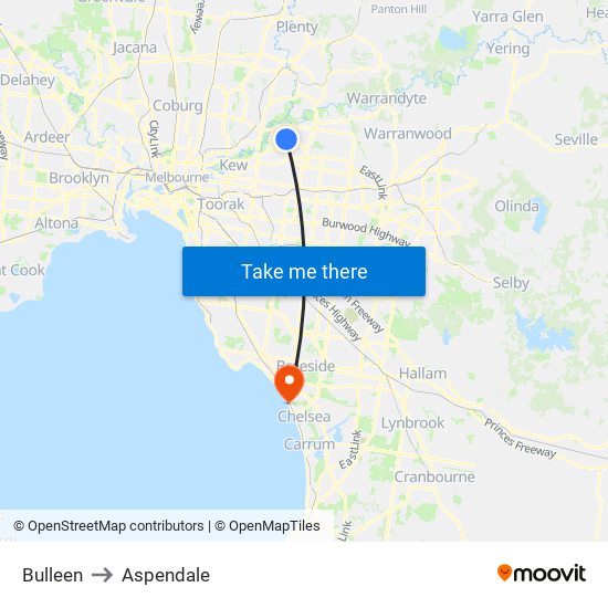 Bulleen to Aspendale map