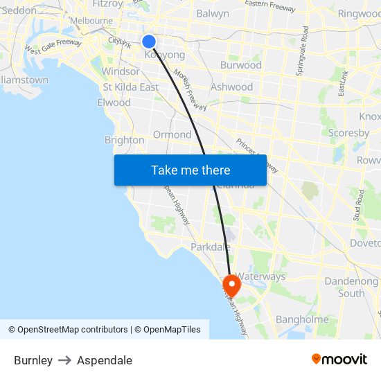 Burnley to Aspendale map