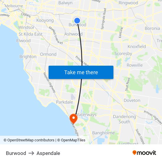 Burwood to Aspendale map