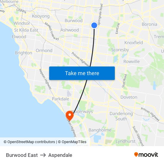 Burwood East to Aspendale map