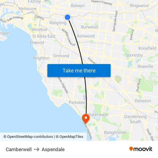 Camberwell to Aspendale map