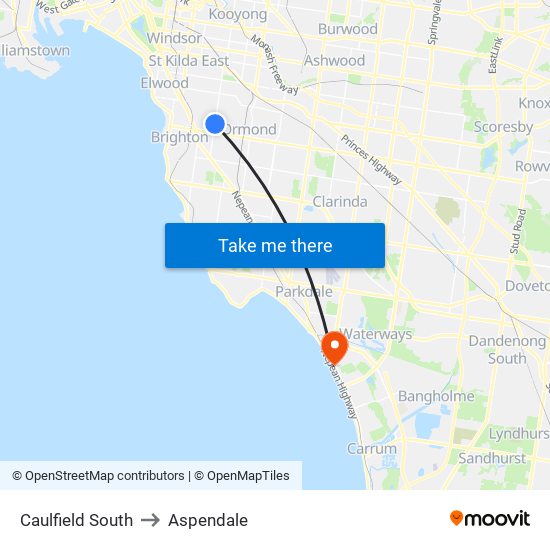Caulfield South to Aspendale map