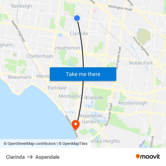 Clarinda to Aspendale map