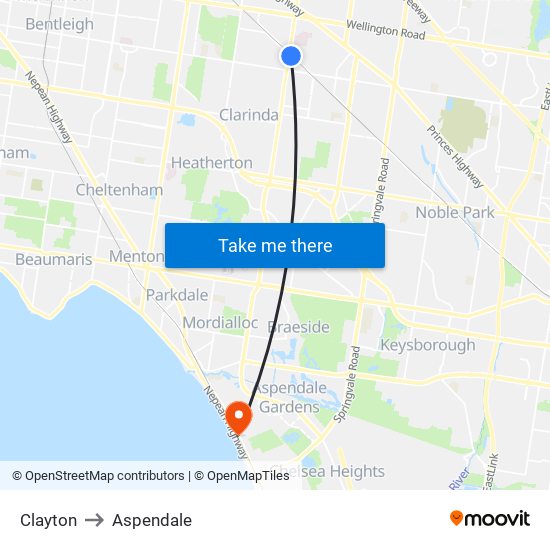 Clayton to Aspendale map