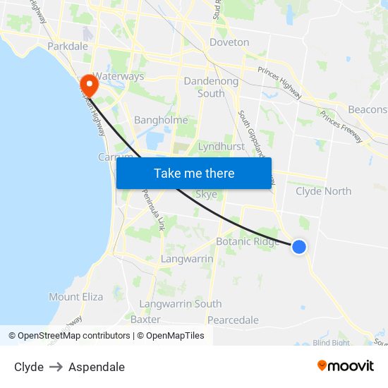 Clyde to Aspendale map