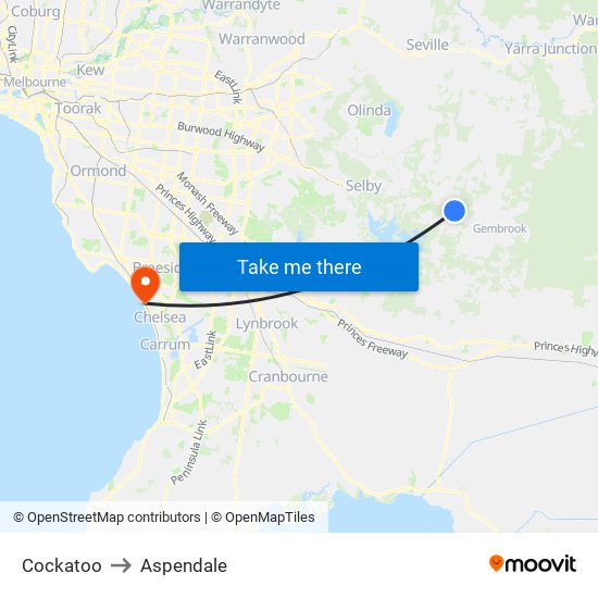 Cockatoo to Aspendale map