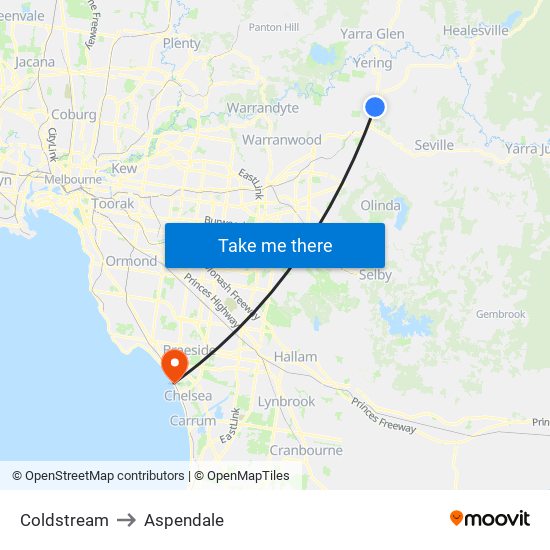 Coldstream to Aspendale map