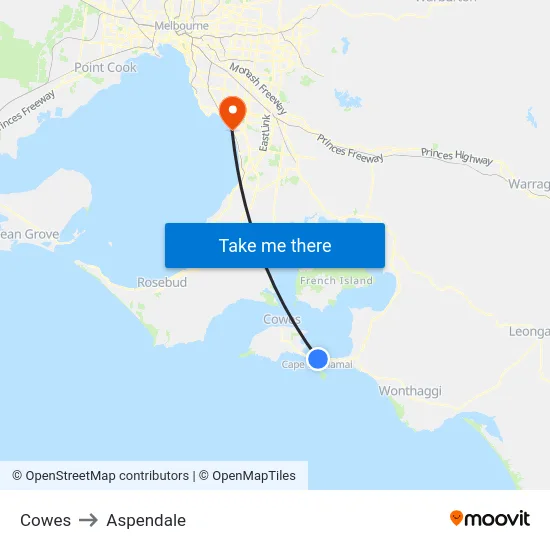Cowes to Aspendale map