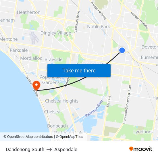 Dandenong South to Aspendale map