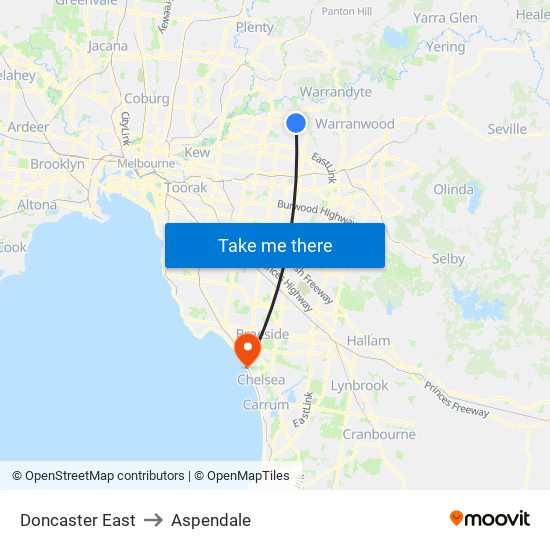 Doncaster East to Aspendale map