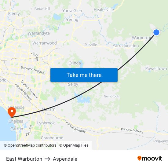 East Warburton to Aspendale map