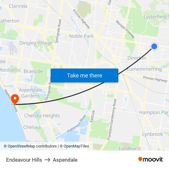 Endeavour Hills to Aspendale map