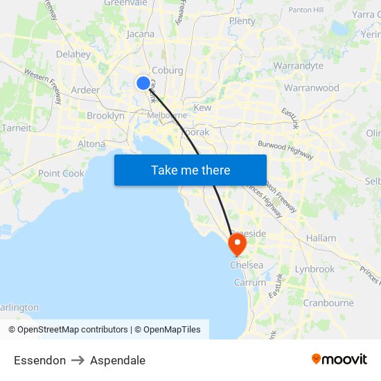Essendon to Aspendale map