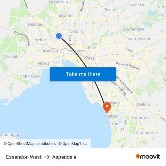 Essendon West to Aspendale map