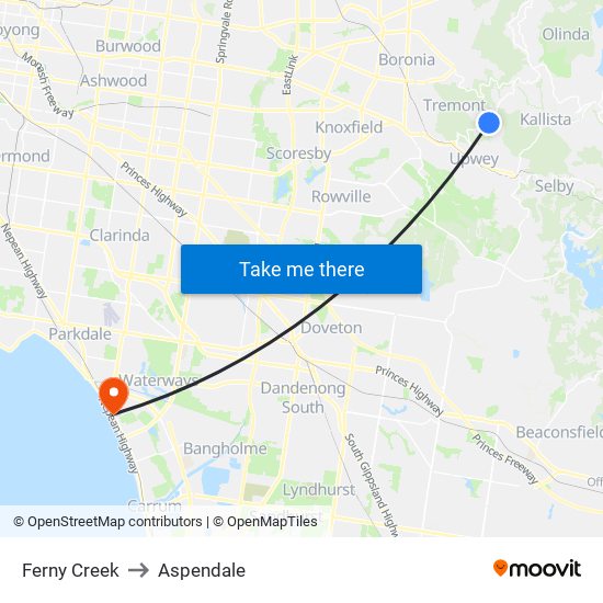 Ferny Creek to Aspendale map