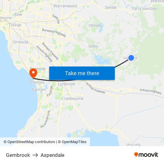 Gembrook to Aspendale map