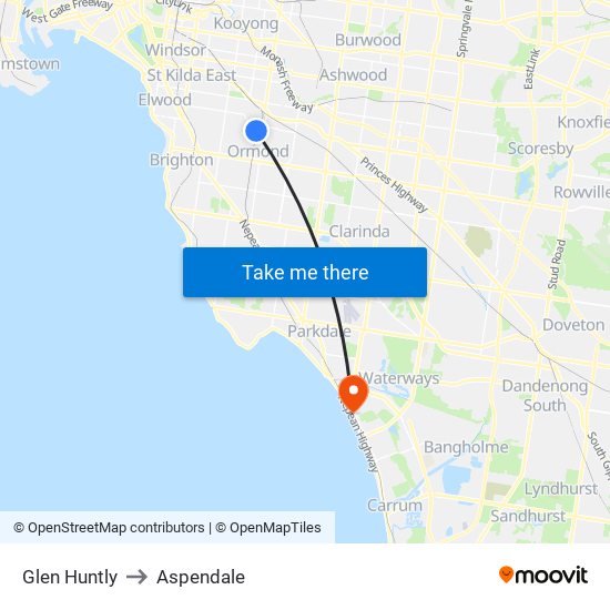 Glen Huntly to Aspendale map
