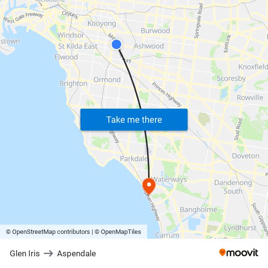 Glen Iris to Aspendale map