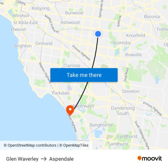 Glen Waverley to Aspendale map