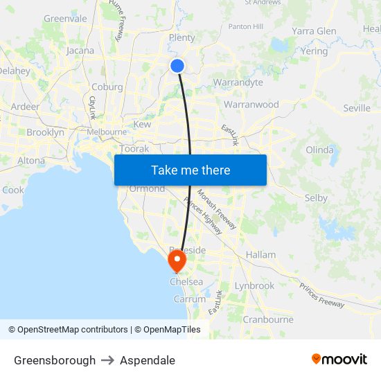 Greensborough to Aspendale map