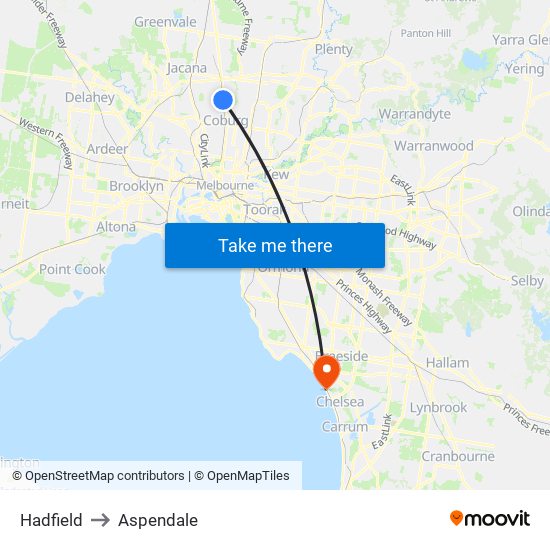 Hadfield to Aspendale map