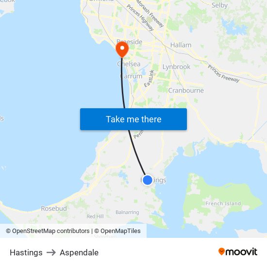 Hastings to Aspendale map