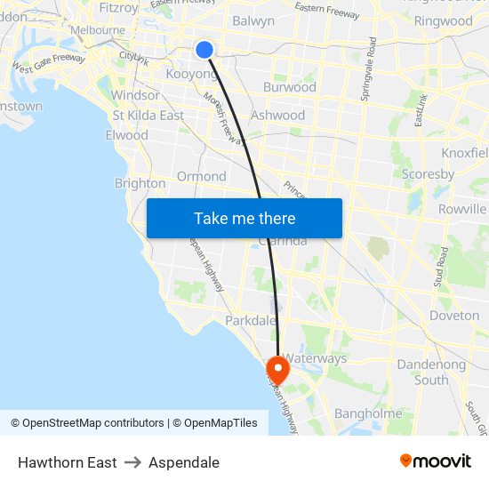 Hawthorn East to Aspendale map