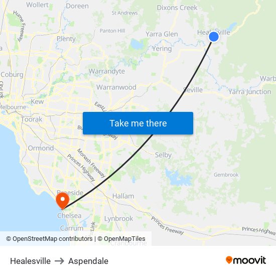 Healesville to Aspendale map