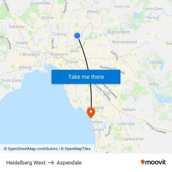 Heidelberg West to Aspendale map