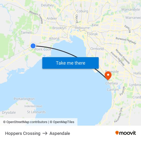 Hoppers Crossing to Aspendale map