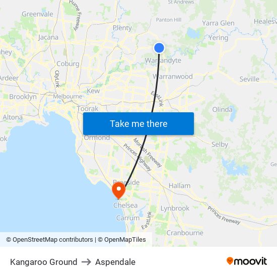 Kangaroo Ground to Aspendale map