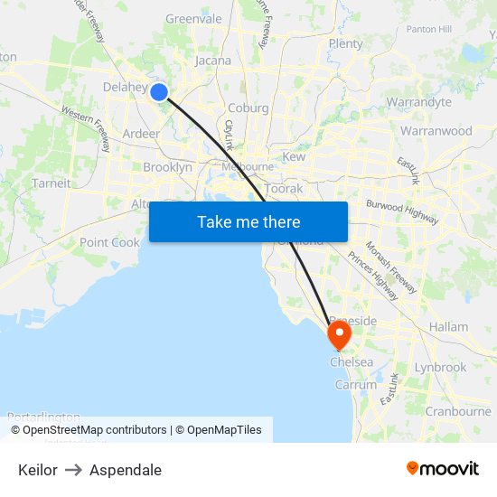 Keilor to Aspendale map