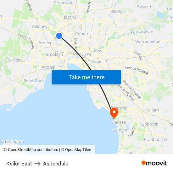 Keilor East to Aspendale map