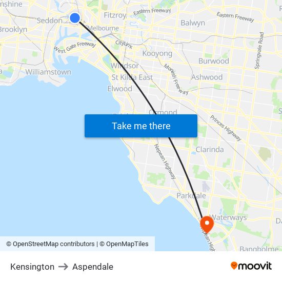 Kensington to Aspendale map