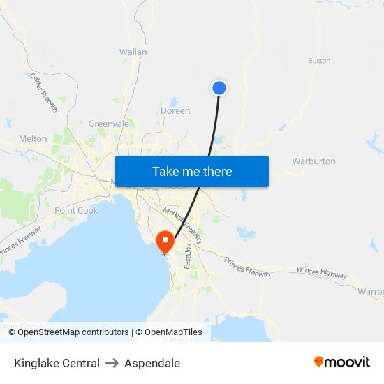 Kinglake Central to Aspendale map