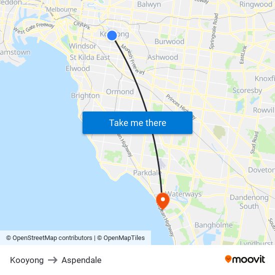 Kooyong to Aspendale map