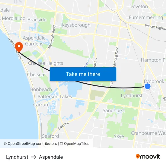 Lyndhurst to Aspendale map