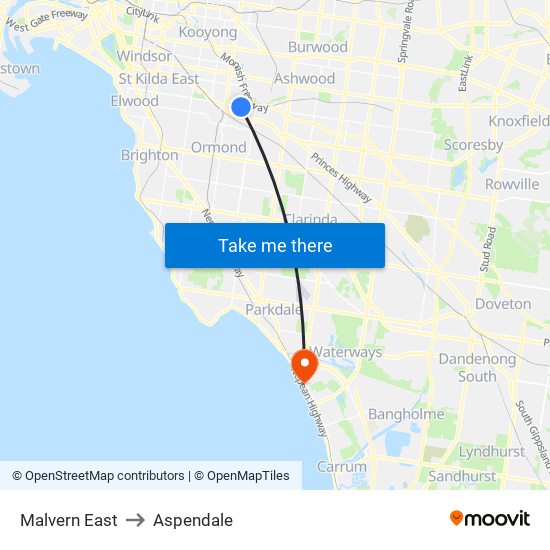 Malvern East to Aspendale map