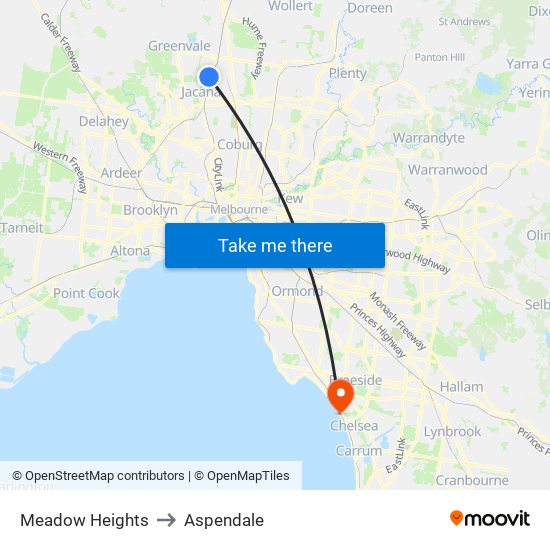 Meadow Heights to Aspendale map