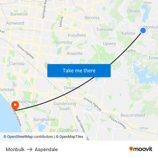 Monbulk to Aspendale map