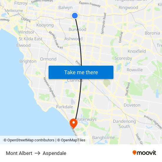 Mont Albert to Aspendale map