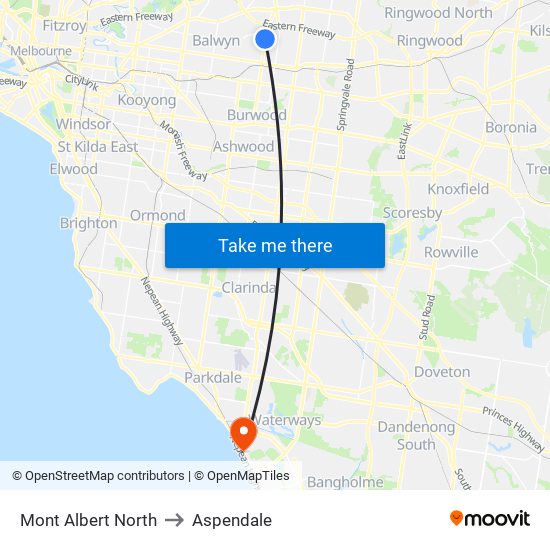 Mont Albert North to Aspendale map