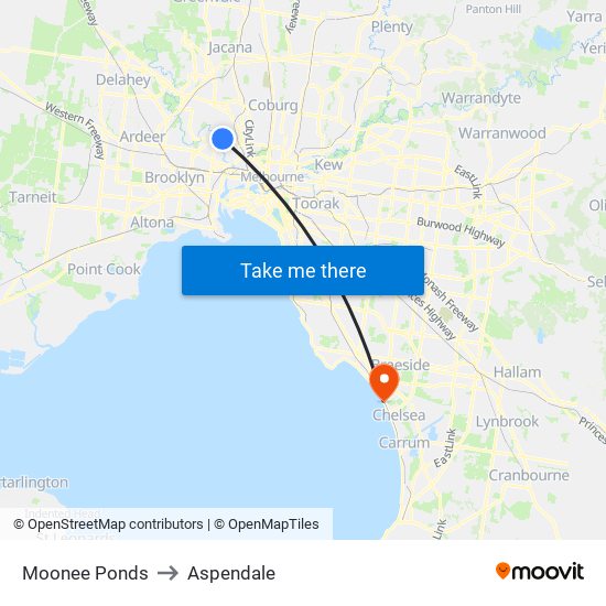 Moonee Ponds to Aspendale map
