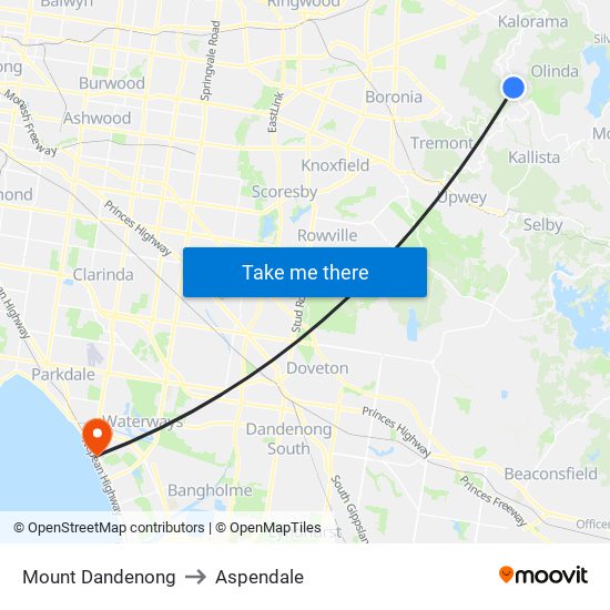 Mount Dandenong to Aspendale map