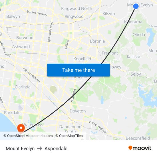 Mount Evelyn to Aspendale map